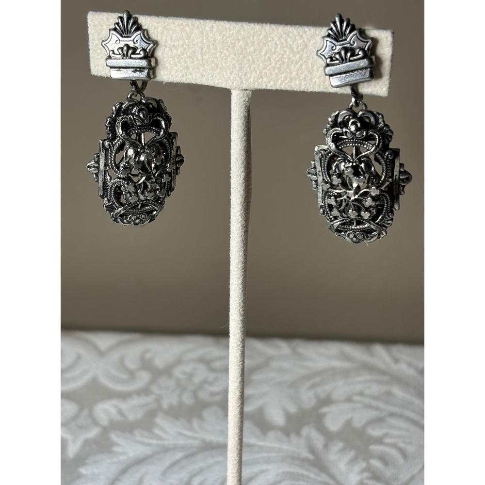 Vintage Silver Tone Filigree Floral Screw Back Drop Earrings Victorian Style